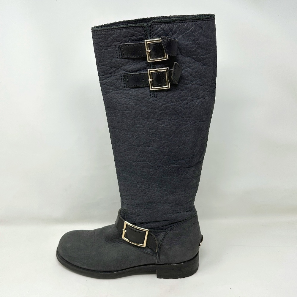 Jimmy Choo Yule Gray Nubuck Round Toe Buckle Tall Boots